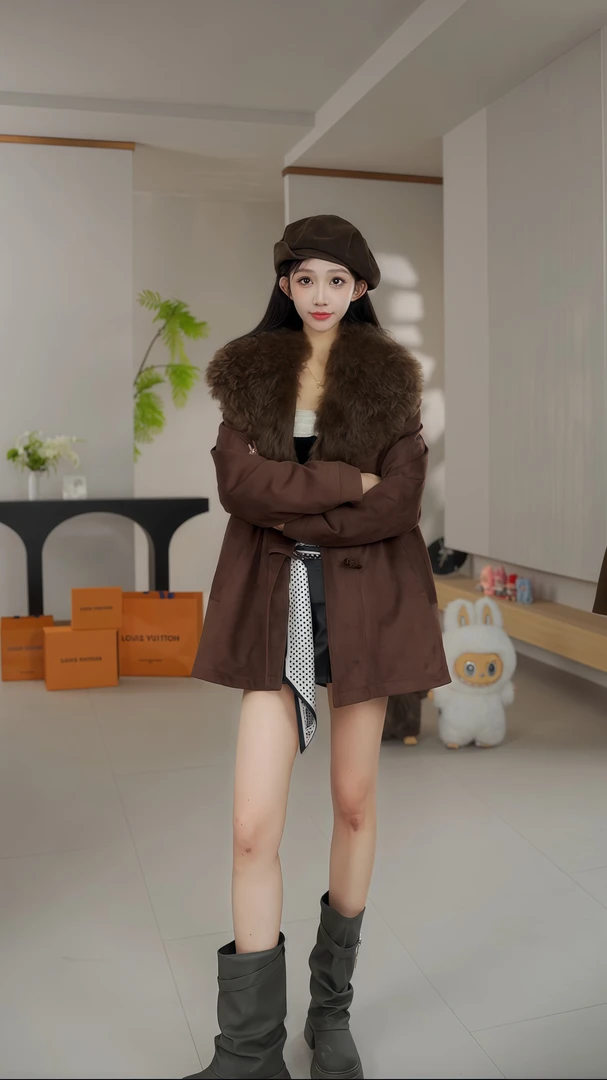 【思思】羊皮毛一体毛领中长款直下摆秋冬厚款女翻领派克服5157