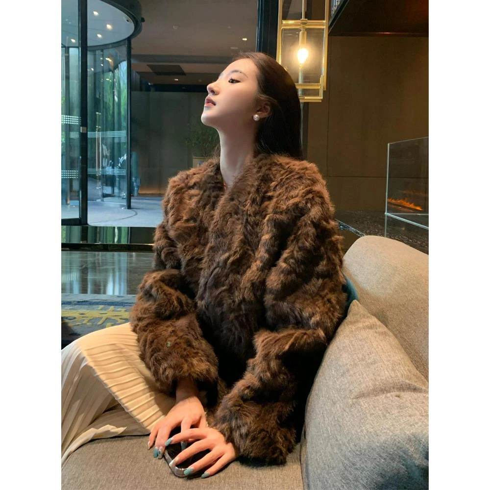 环保貂皮女装冬季新款宽松皮草连体卷v领高档貂皮厚外套