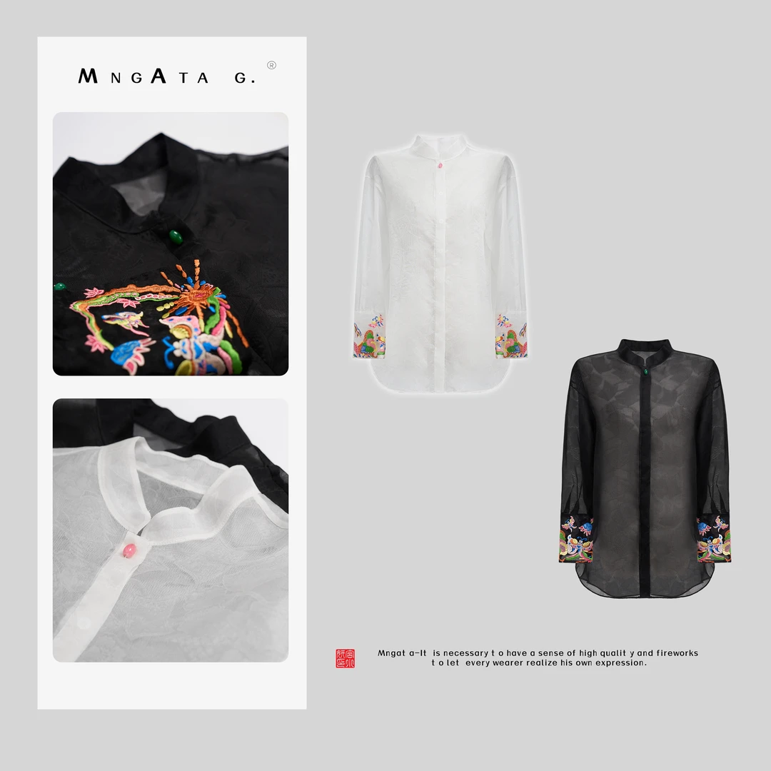 MNGATA G.宫小妍 【花溪苗绣】百搭新中式穿搭防晒真丝上衣4X032799
