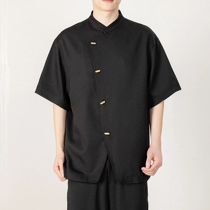 不规则斜襟衬衫男短袖新中式立领唐装夏季新款中国风改良汉服上衣