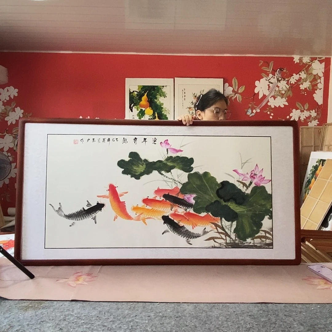 国画手写手绘国画作品带框包邮62✖️122