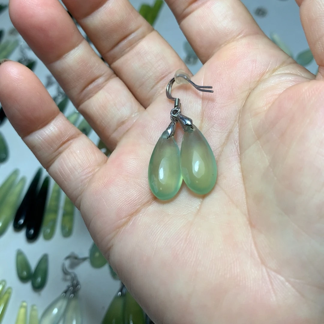 ****e蛇纹石玉银S925镶嵌耳环