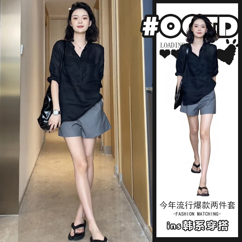 炸街辣妹两件套穿搭2025夏季新款黑色显瘦防晒衬衫显腿长阔腿短裤