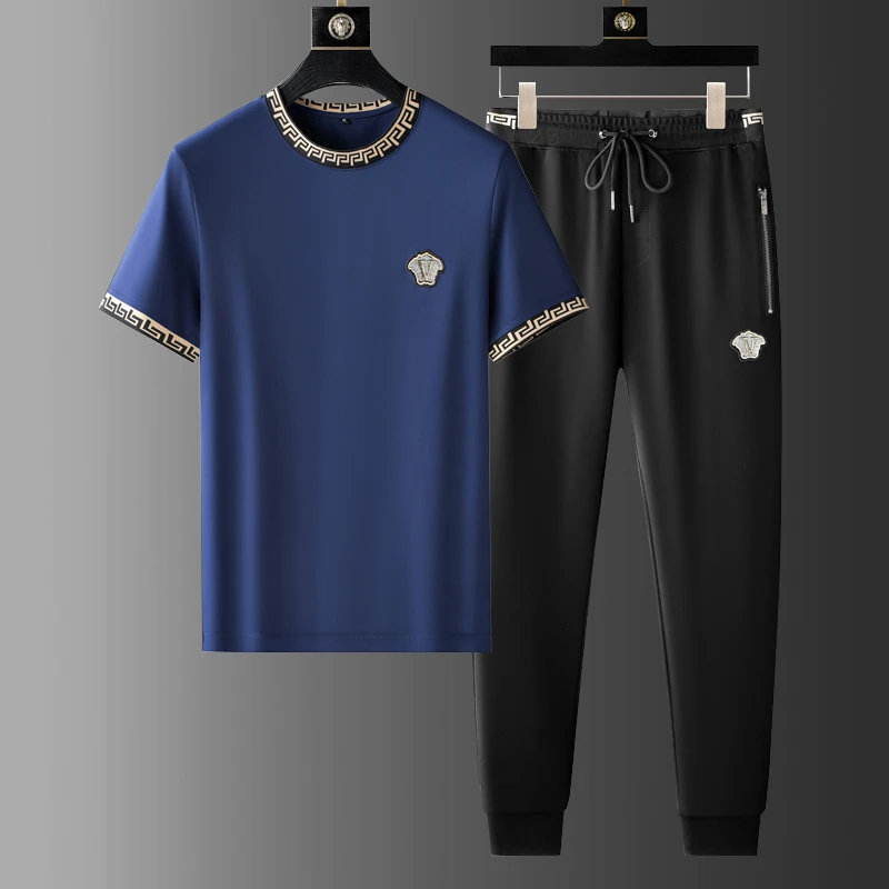 时尚高端圆领T恤套装男夏季新款潮流帅气高级感休闲两件套蓝色