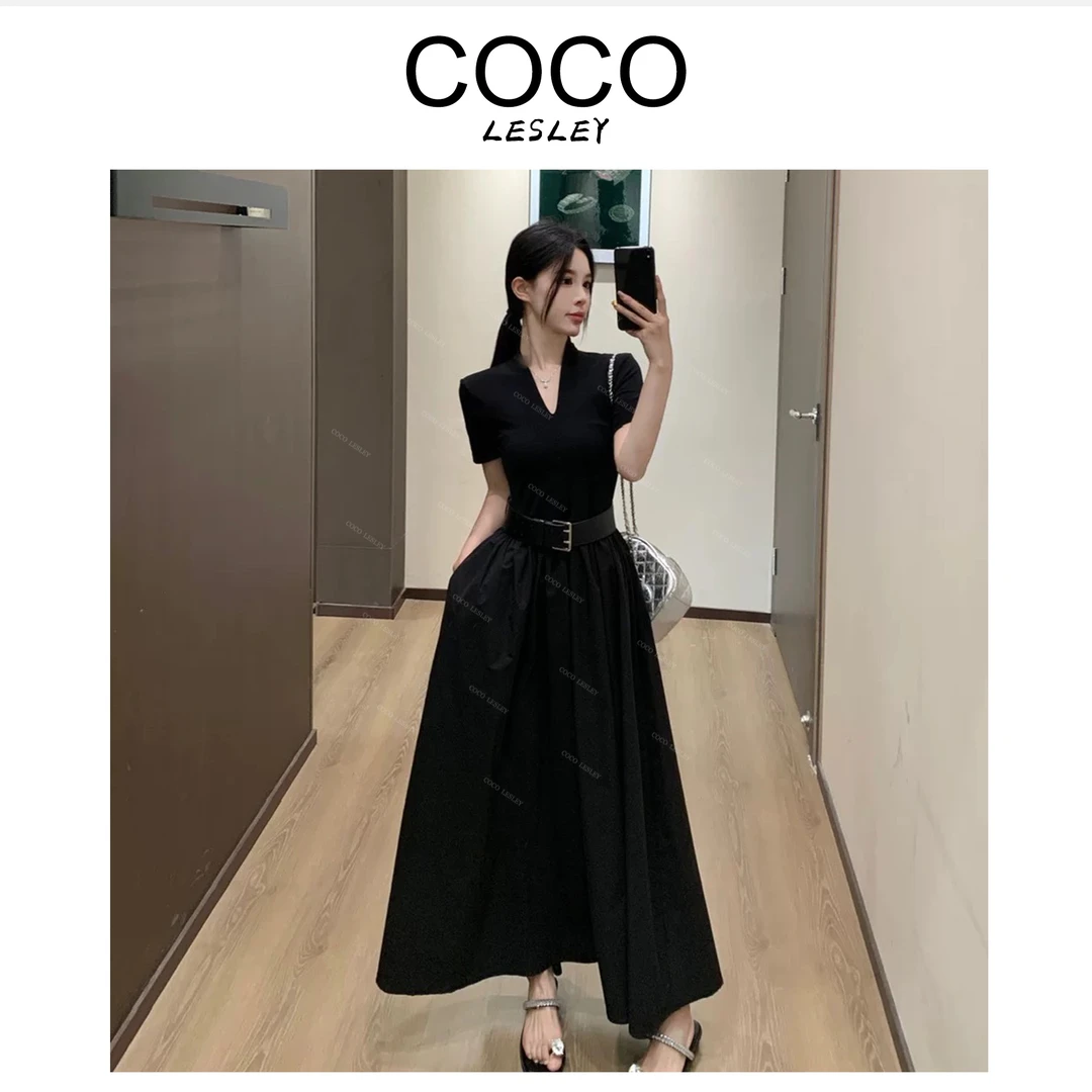 【COCO LESLEY】夏季简约风v领显瘦高腰大摆裙休闲黑色连衣裙大码女