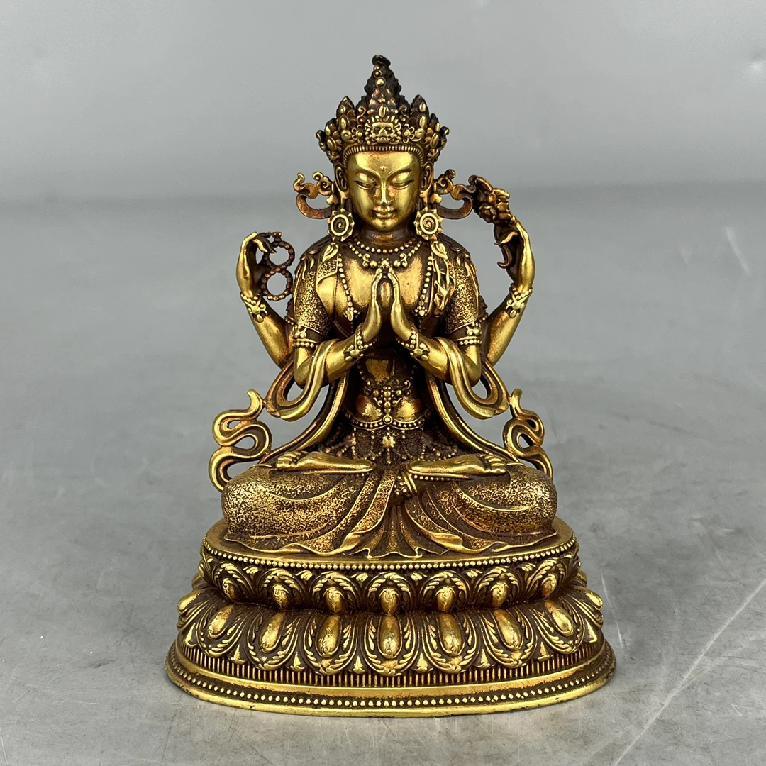 仿古瓷 仿古黄铜合金四臂观音像摆件