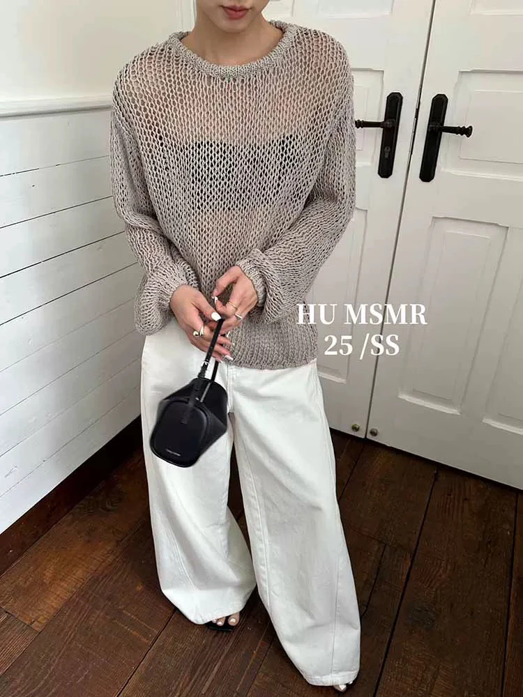 福秒-慵懒休闲风、针织镂空高级感长袖上衣（HUH615#）HUMSMR