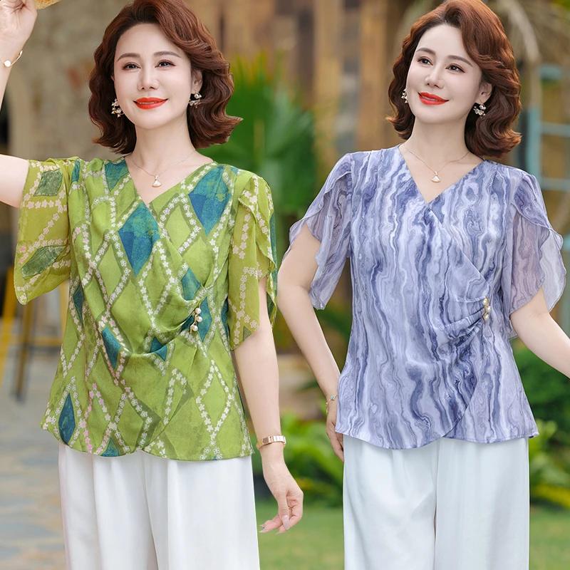 妈妈夏装洋气上衣雪纺套装女时尚薄款气质短袖t恤衫两件套中老年