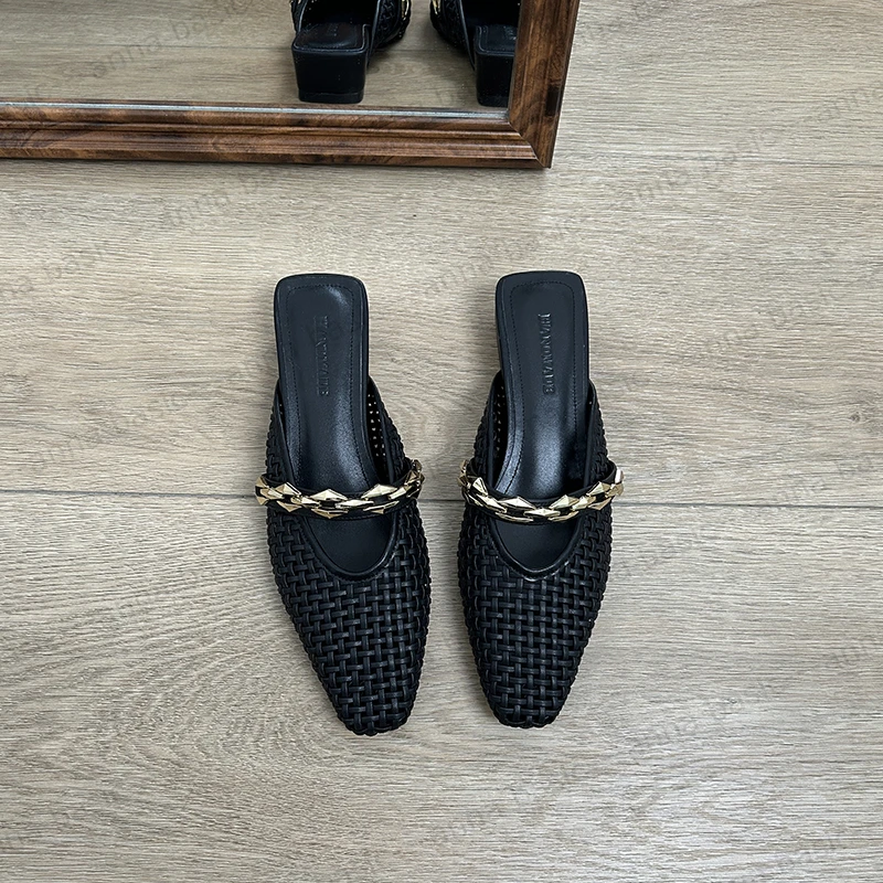 2.5cm/XW2068牛皮平跟包头半拖鞋女夏季编织方头浅口低跟穆勒拖鞋