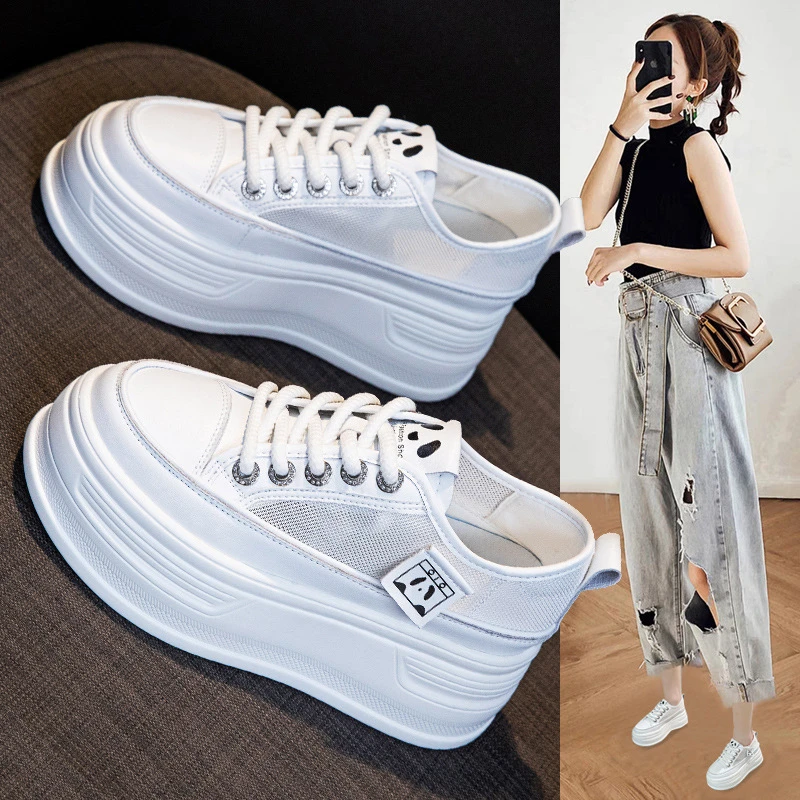 高货  增高小白鞋女2025真皮新款百搭网面透气休闲单鞋小个子女鞋