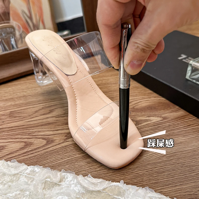真皮羊皮踩屎感软底不累脚高跟凉鞋女夏季新款外穿粗跟透明凉拖鞋