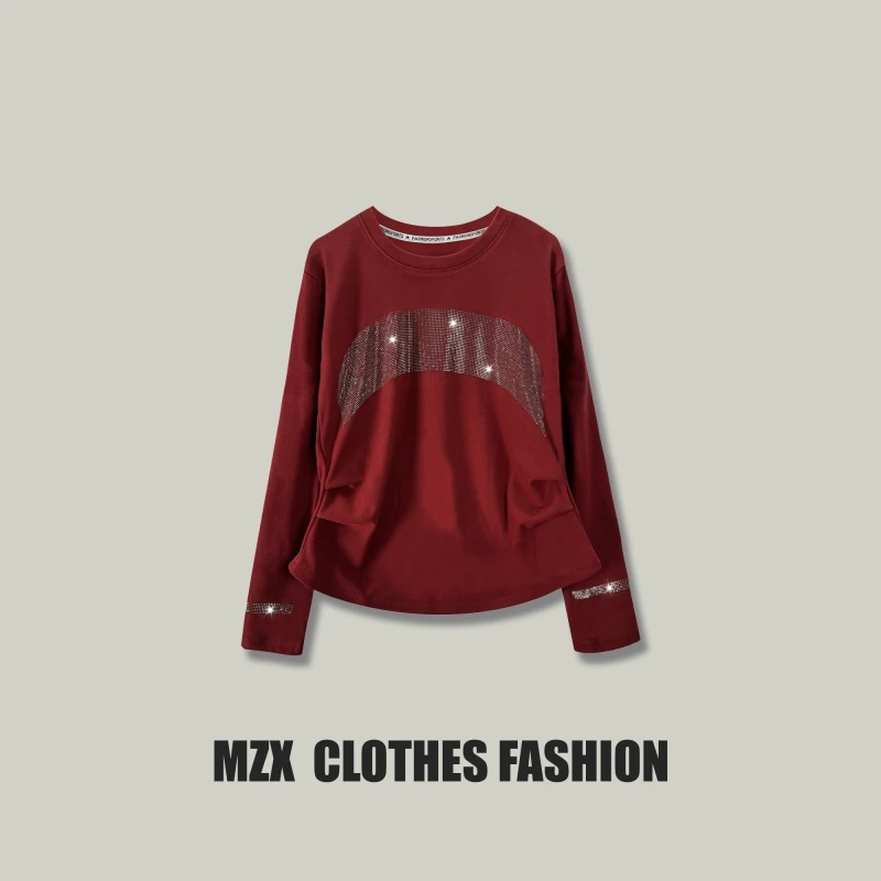 德绒烫钻修身收腰月牙钻气质打底衫2025秋冬长袖保暖内搭显瘦上衣