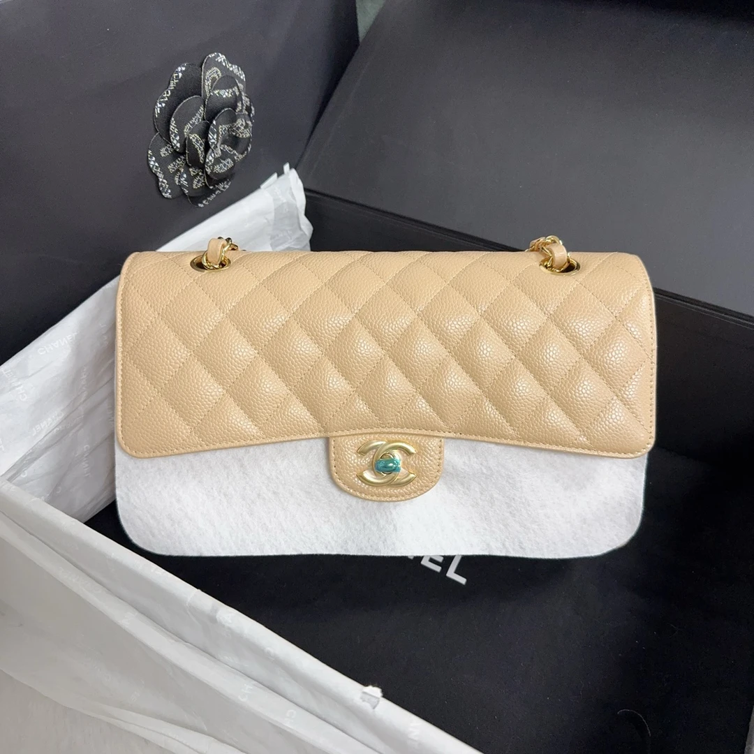 99新 Chanel/香奈儿 cf中号奶茶色金扣链条包(1563)
