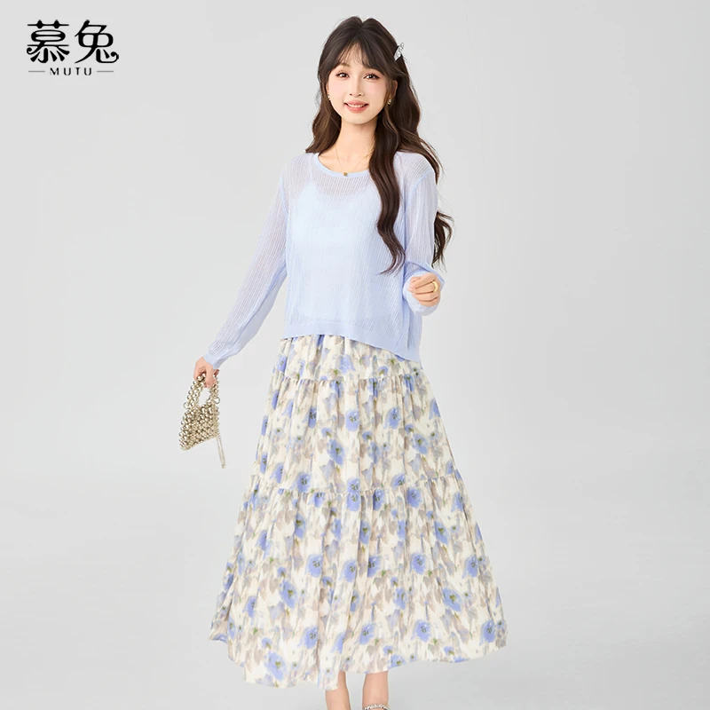 【上衣+裙子】法式温柔风薄款罩衫搭碎花半身裙女夏季新款防晒套装