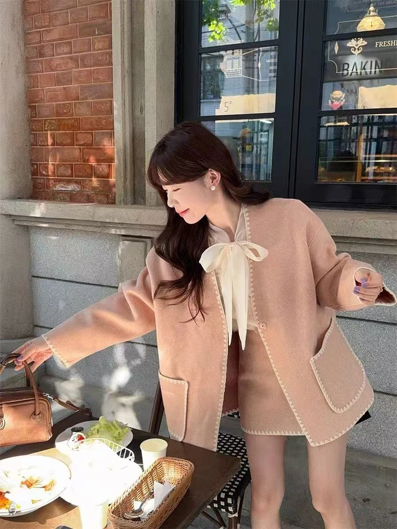 富家千金气质小香风长袖外套蝴蝶结衬衣半身裙女2025秋季时尚套装