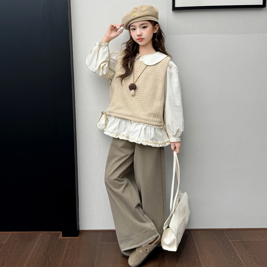 女童春秋款针织马甲套装2025新款儿童秋装女大童春季阔腿裤三件套