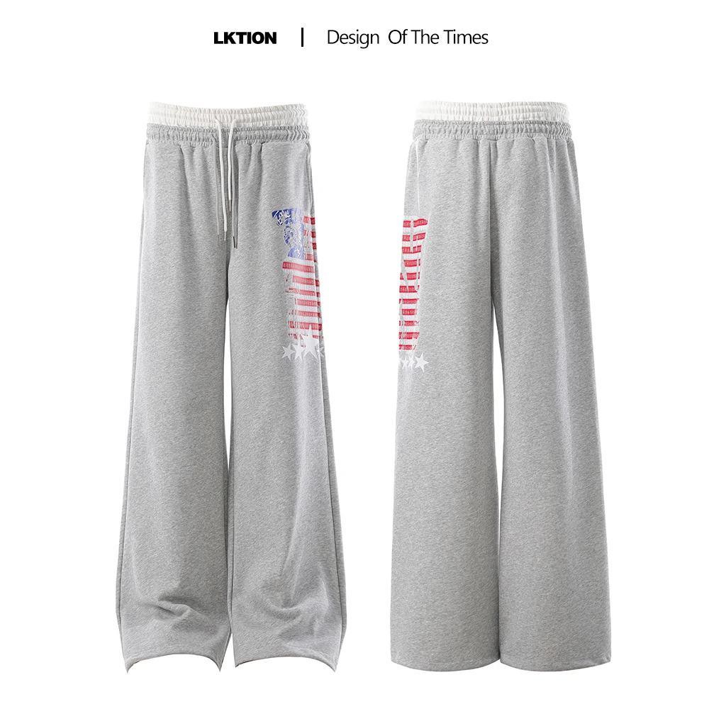 LK正品 美式复古字母印花运动卫裤男女慵懒风双腰阔腿休闲长裤