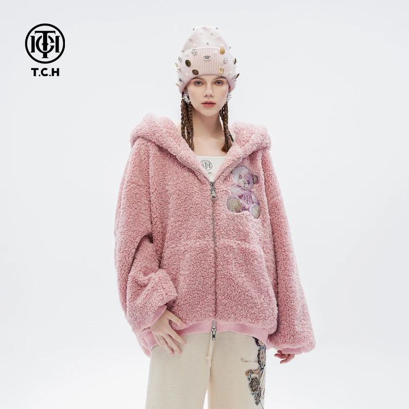 轻奢-TCH潮牌外套女宽松休闲保暖毛毛外套24秋冬新款T72D056013