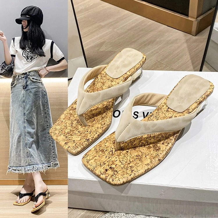 时髦精夏日puppy时髦豹纹方头粗跟人字拖国风夹趾沙滩拖鞋