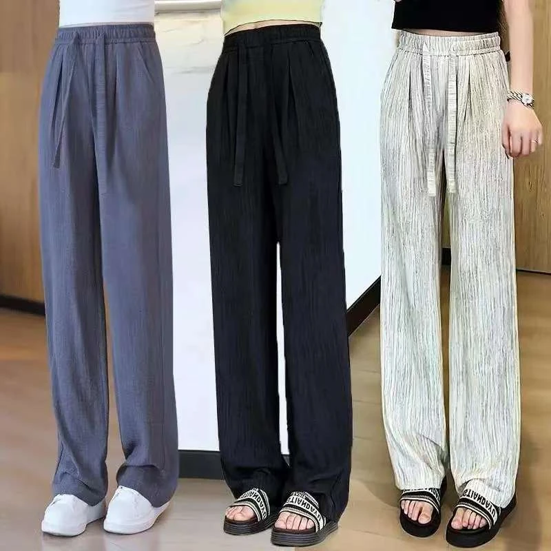 冰丝阔腿裤女夏季2025新款高腰抽绳肌理感慵懒美式休闲拖地裤子