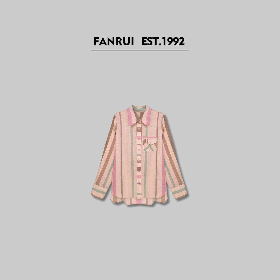 FANRUI/泛芮「蜜桃乌龙」亚麻竖条纹复古百搭设计感衬衫LP15430