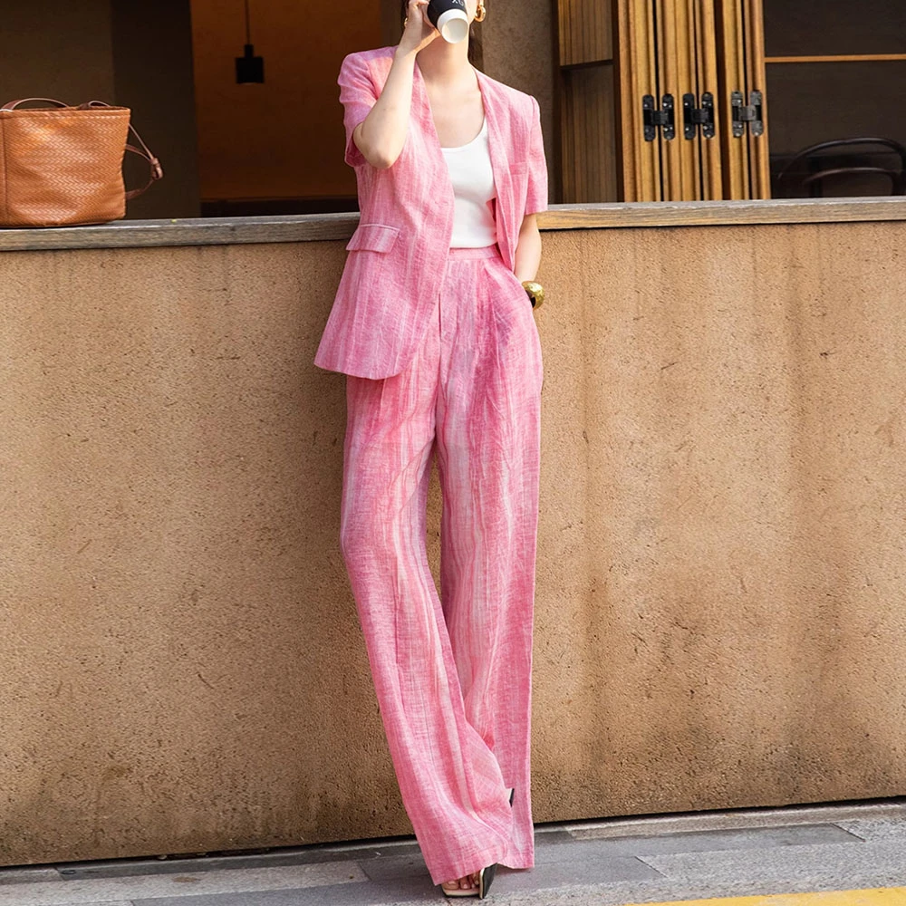 老钱风西装套装女高级感渐变粉色亚麻西服阔腿裤休闲时尚两件套