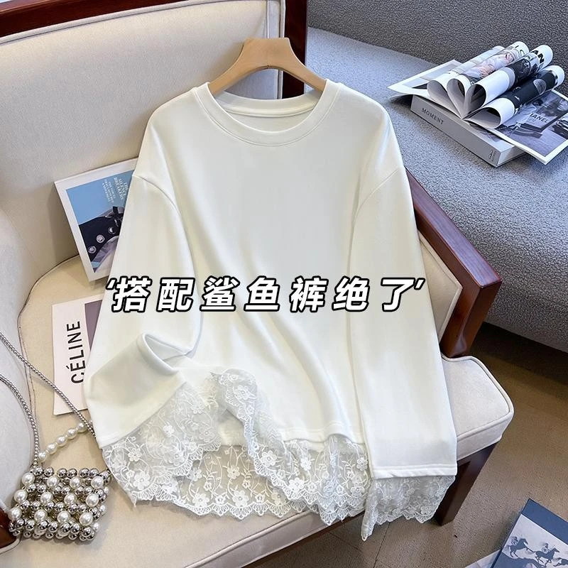 【轻奢气质】欧货白色长袖t恤女蕾丝冬新款加绒中长内搭打底衫