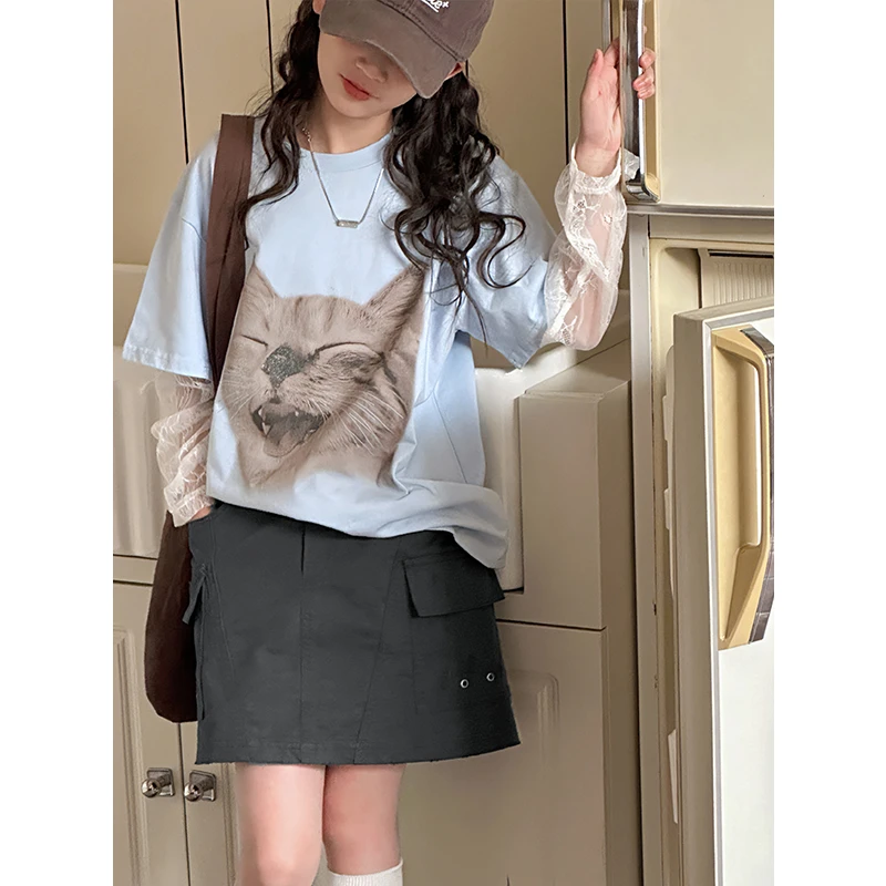 K28210蕾丝拼接女童长袖T恤2025春装新款儿童时尚上衣春秋打底衫t