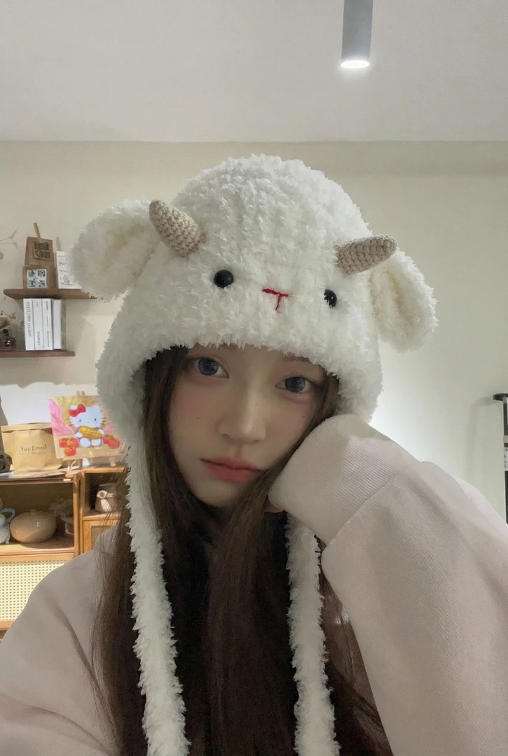 【小羊手工款】可爱毛绒大耳朵羊耳女秋冬季护耳针织帽显脸小