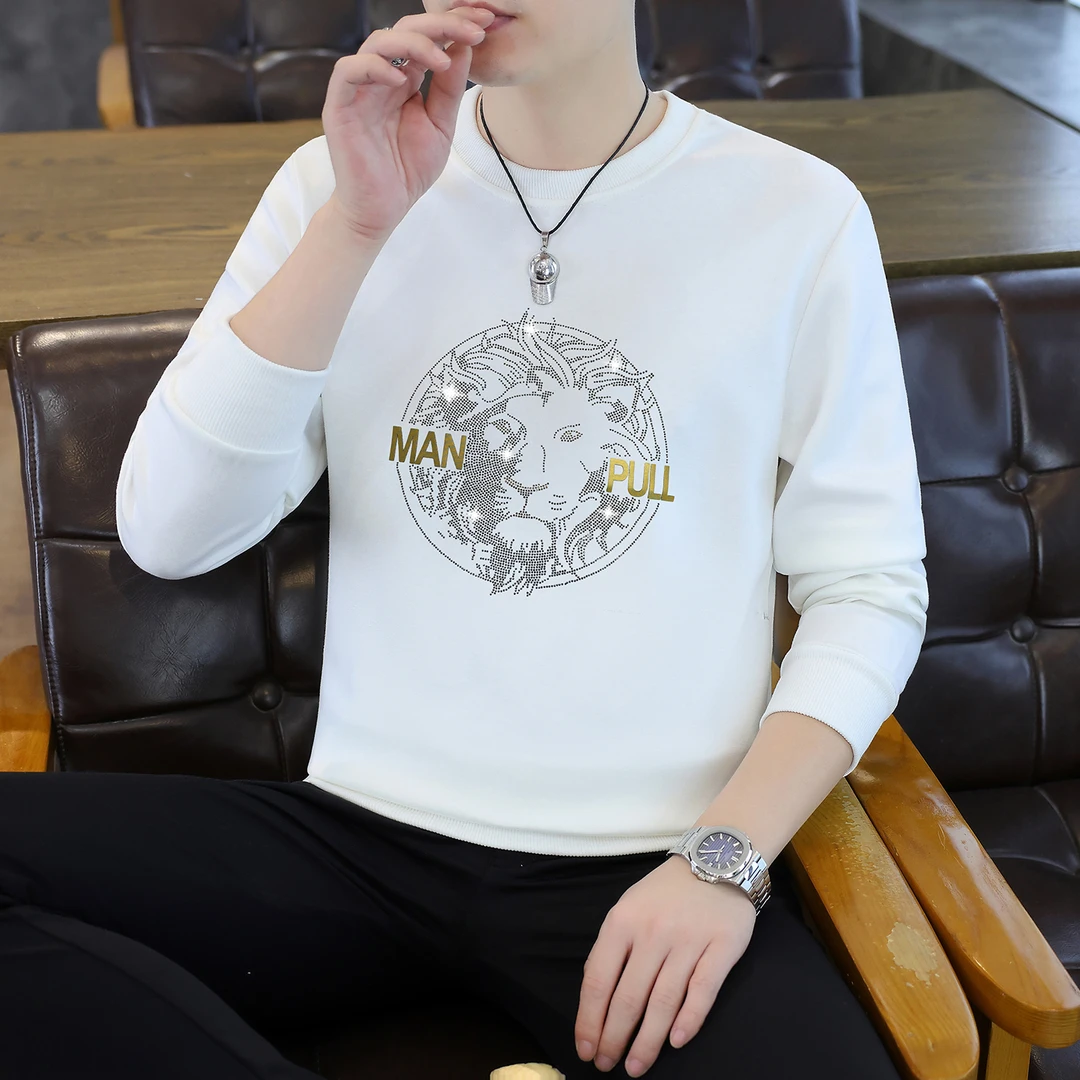2025印花时尚百搭秋冬圆领印花拼接男士卫衣韩版休闲男装上衣套头