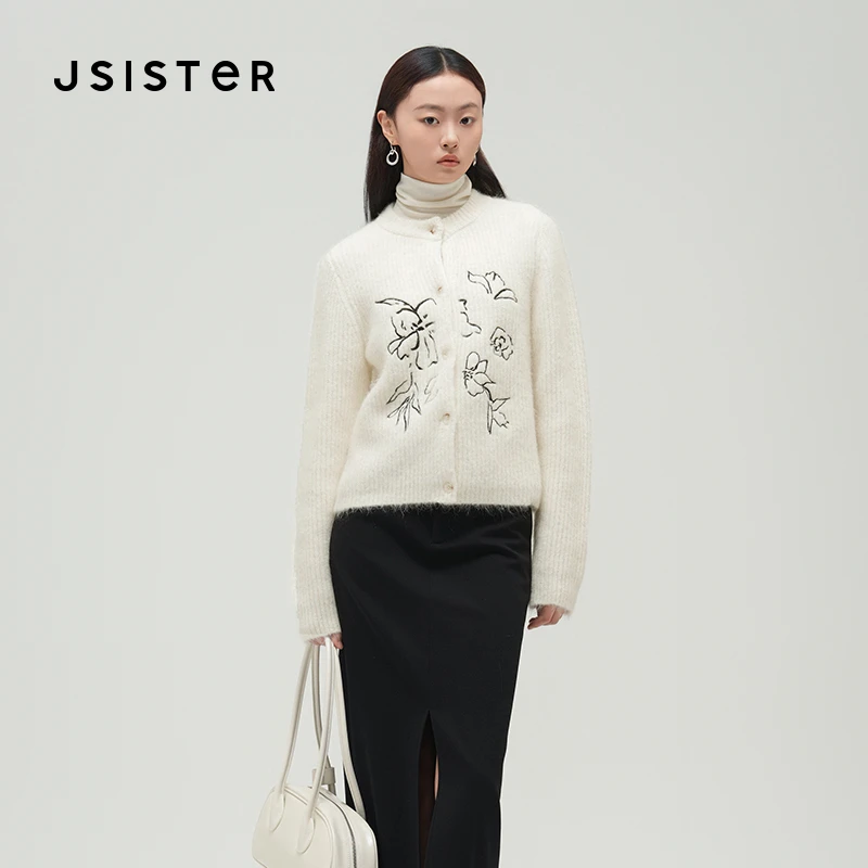 jsister 冬装新款 JS女装米白花卉刺绣针织衫 S442104005