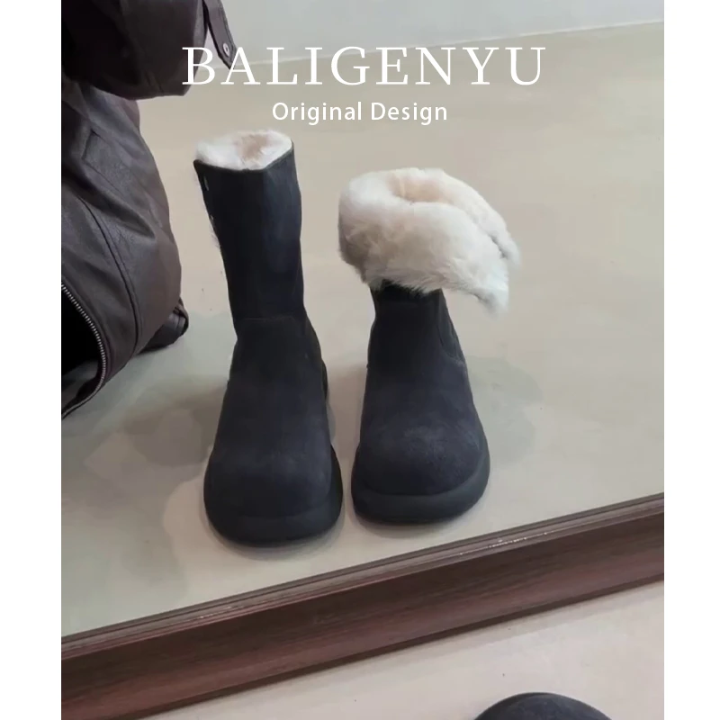 法式2025新款磨砂牛皮简约加绒保暖毛毛短靴冬季新款厚底雪地靴女