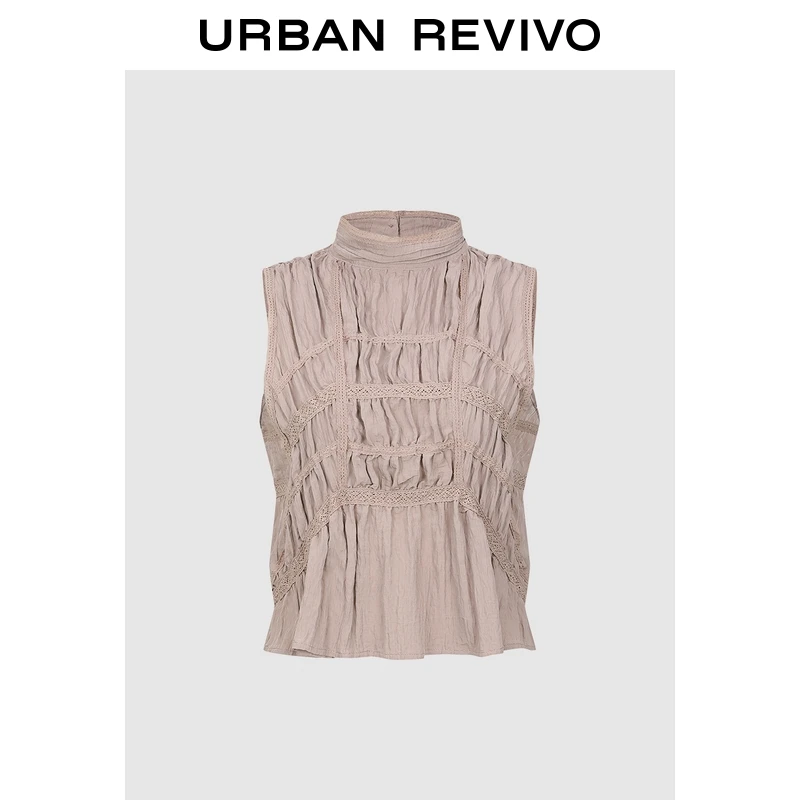 UR2025春季新款女装氛围感褶皱花边饰无袖罩衫衬衫UIH250010
