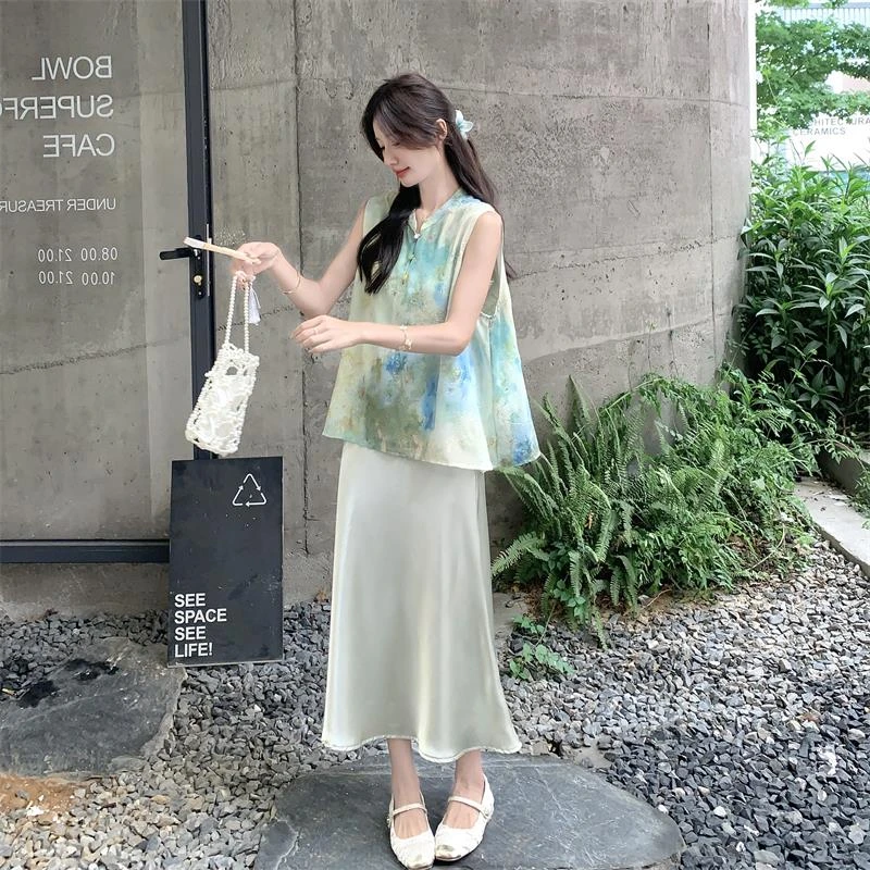 新中式国风印花套装裙女2025夏季爆款优雅气质高级感吊带裙两件套