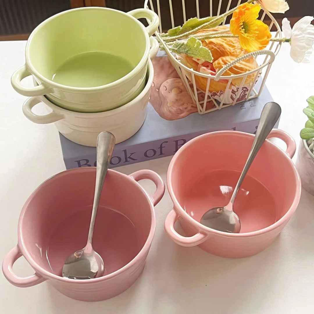 奶油风双耳碗饭碗高颜值网红甜品碗酸奶碗微波炉餐具釉下彩汤碗