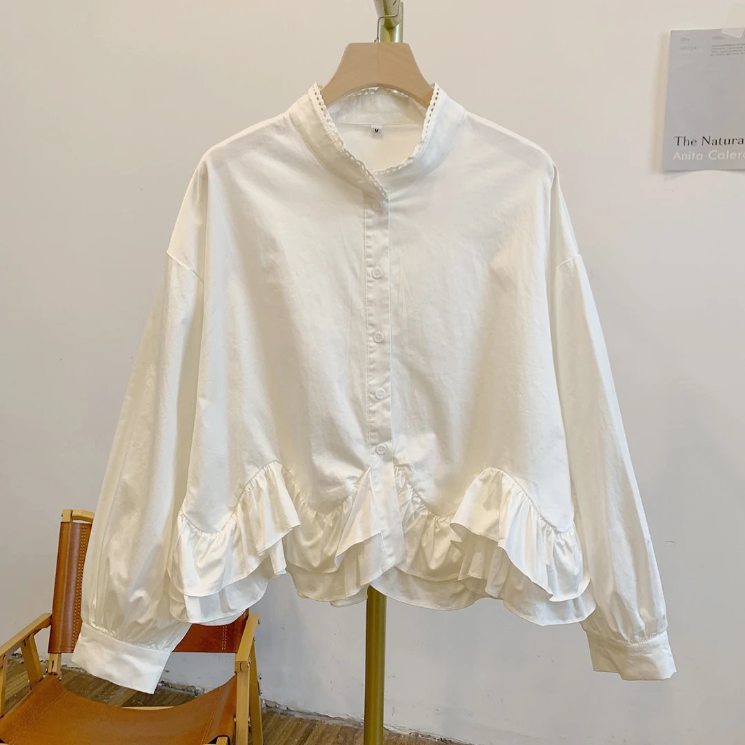 木兰Y3235荷叶边全开扣立领衬衫
