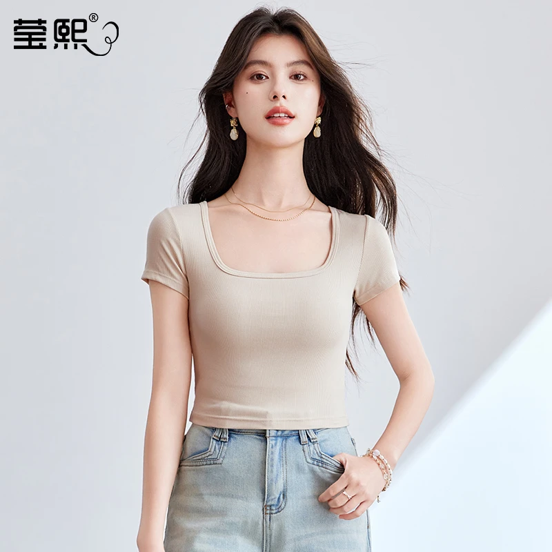 inxy/莹熙【2件装】春夏短袖方领百搭显瘦瑜伽纯色打底衫短款上衣