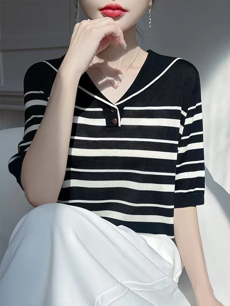 （100%莱赛尔天丝）海军领正肩袖纯色女毛针织衫