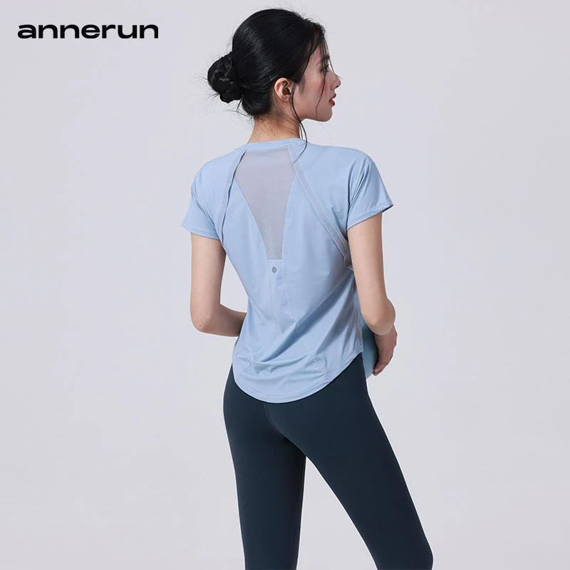 annerun凉感健身T恤女运动短袖速干衣普拉提训练服跑步瑜伽服上衣