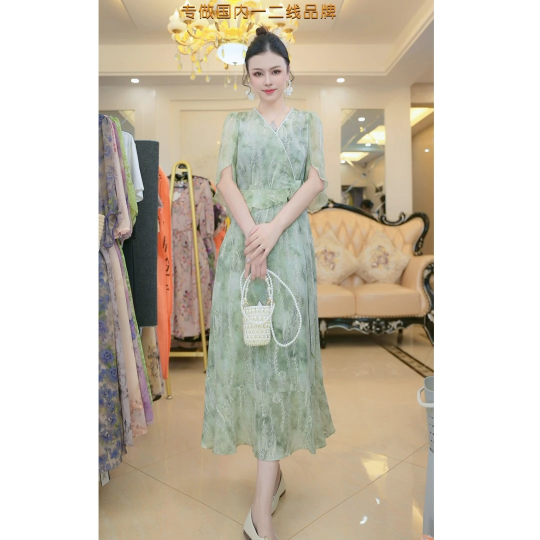 新款I显瘦裙子2025夏季木耳边拼接中长款连衣裙D1003