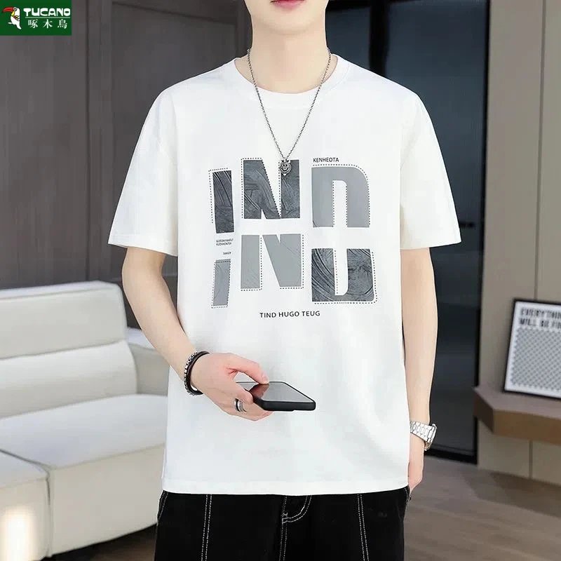 啄木鸟夏季男士短袖T恤男装休闲百搭宽松圆领潮流潮牌印花半袖t恤