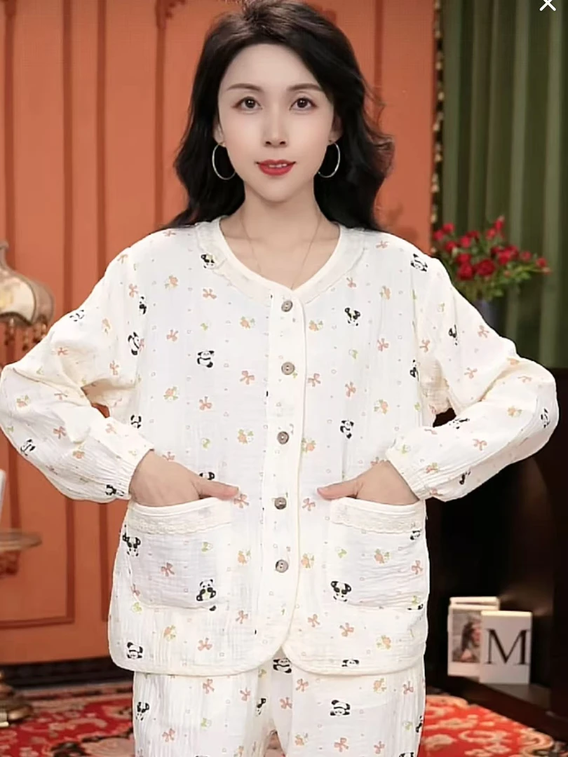2025年双层棉纱礼结熊猫长袖四季款睡衣女透气舒适家居服套装AJJ