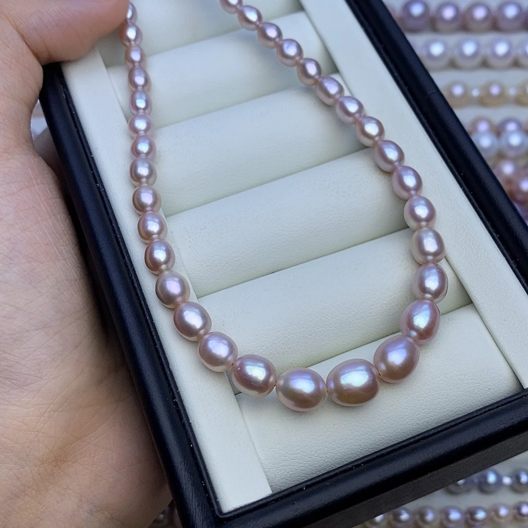 颈饰银S925镶嵌淡水珍珠4-8m无核 粉紫 塔链