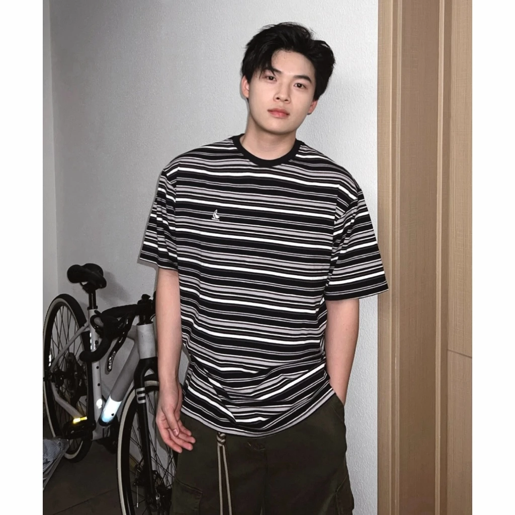 LUV陆壹 日系复古潮牌撞色条纹短袖T恤男夏季新款质感刺绣短袖