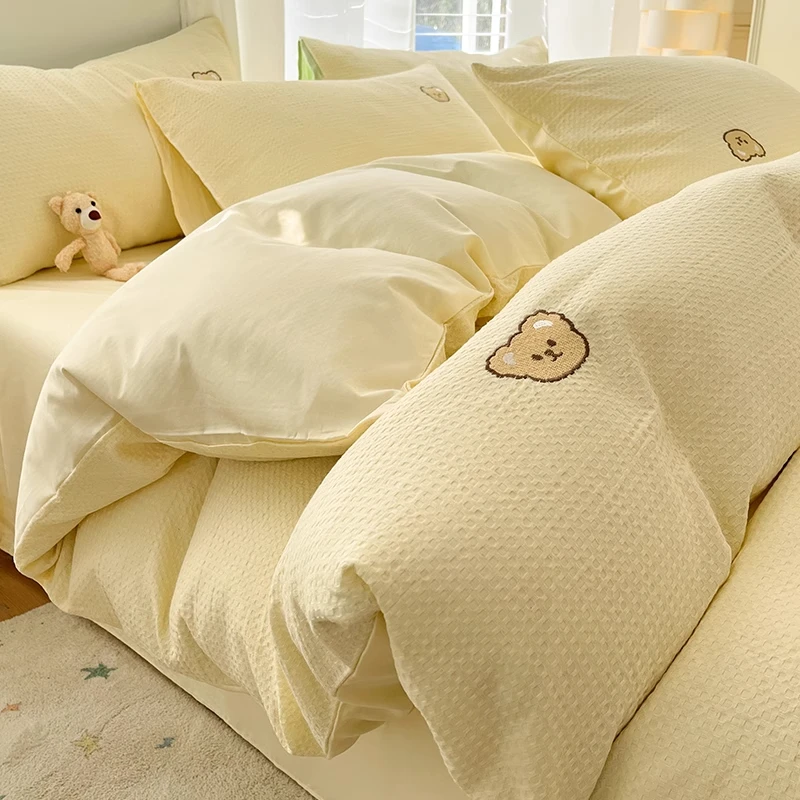 A类华夫格纯棉四件套100全棉奶油风学生宿舍三件套床笠款床上用品