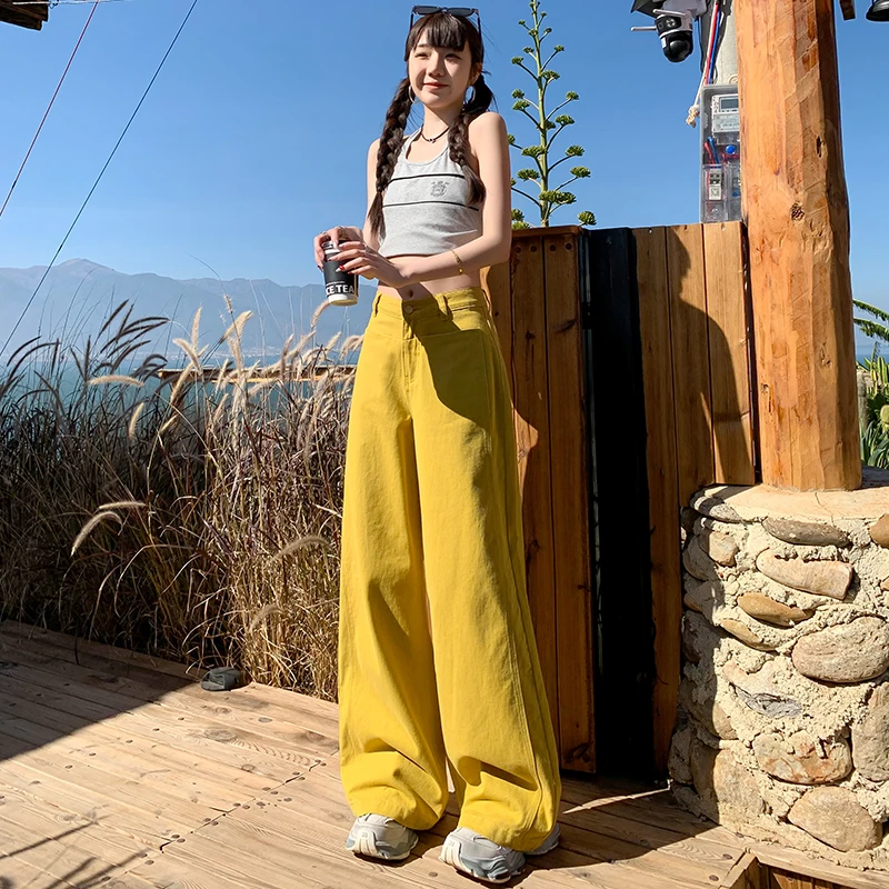 2025春装新款女装休闲直筒裤阔腿裤黄色休闲显瘦辣妹风牛仔裤女