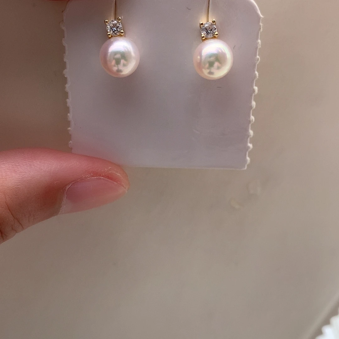 银S925镶嵌海水珍珠耳钉7.5-8mm ak戴妃