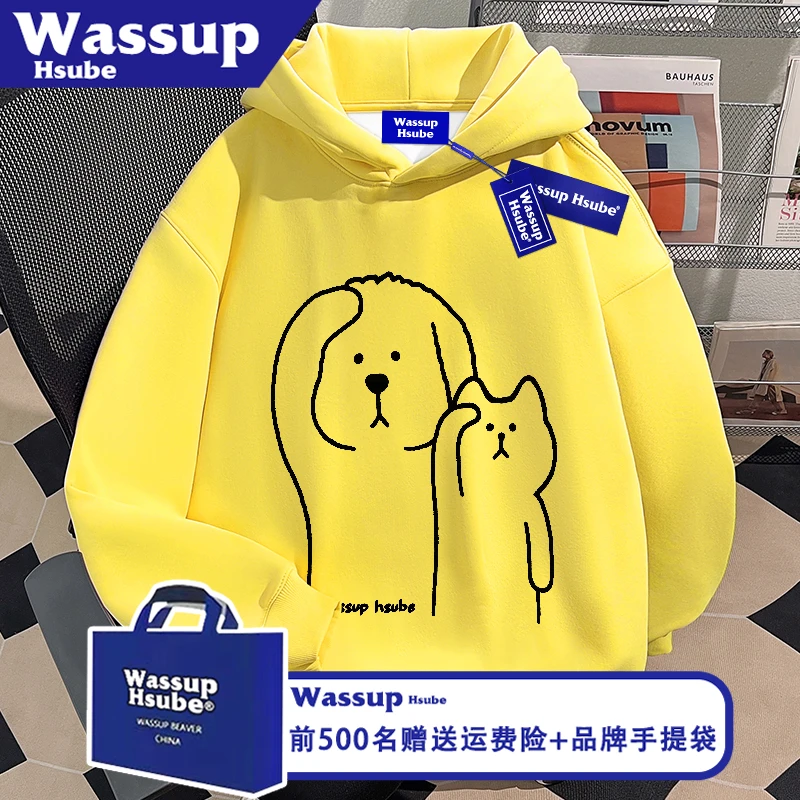 WASSUP HSUBE潮牌卡通小狗印花休闲风男女百搭上衣秋黄色连帽卫衣