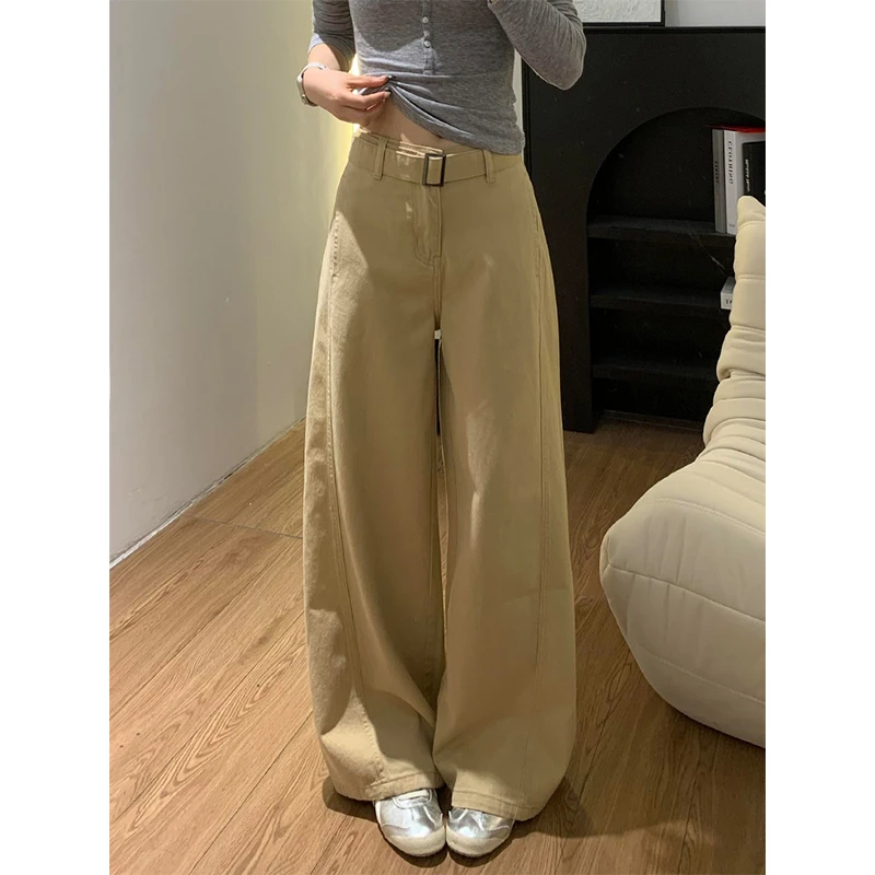 卡其色弯刀阔腿牛仔裤女夏季新款高腰宽松显瘦百搭休闲直筒长裤子
