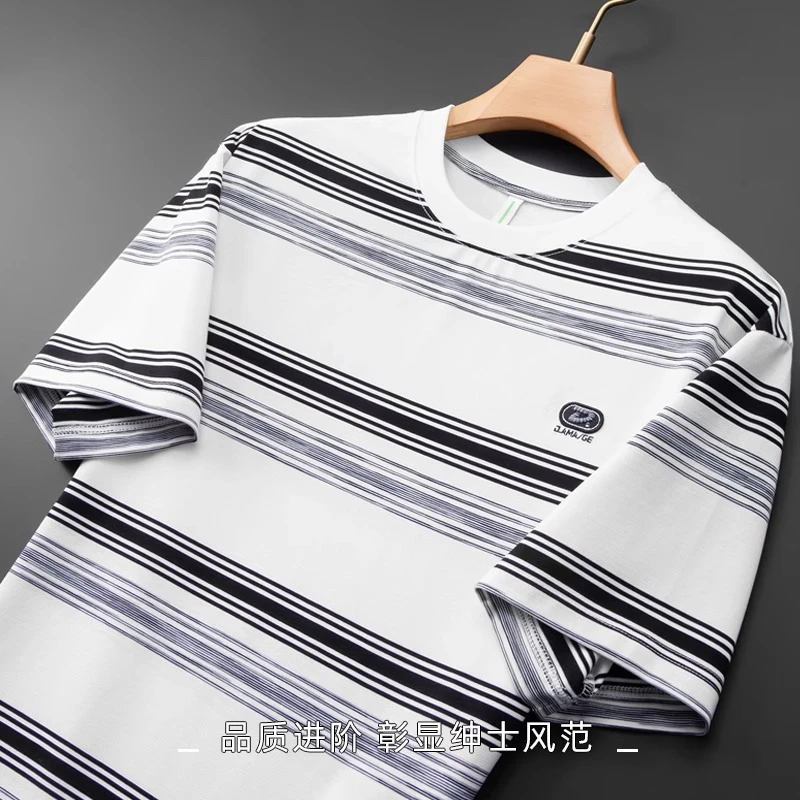 高端重磅条纹短袖t恤男士夏季新款时尚潮牌休闲百搭舒适圆领上衣